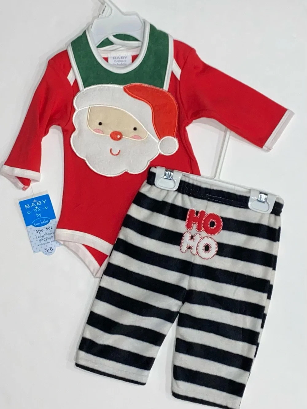 Bon Bébe Infant Boys 3-piece Santa Set: Bib, Bodysuit, Pants   3-6 Months ~Flaw~